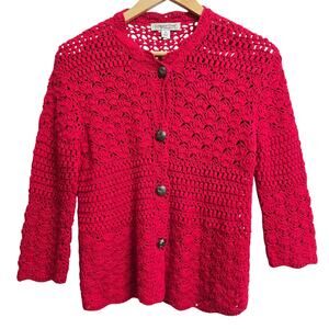 Coldwater Creek Womens Vtg Cherry Red Boho Open Knit Crochet Cardigan Sweater XS
